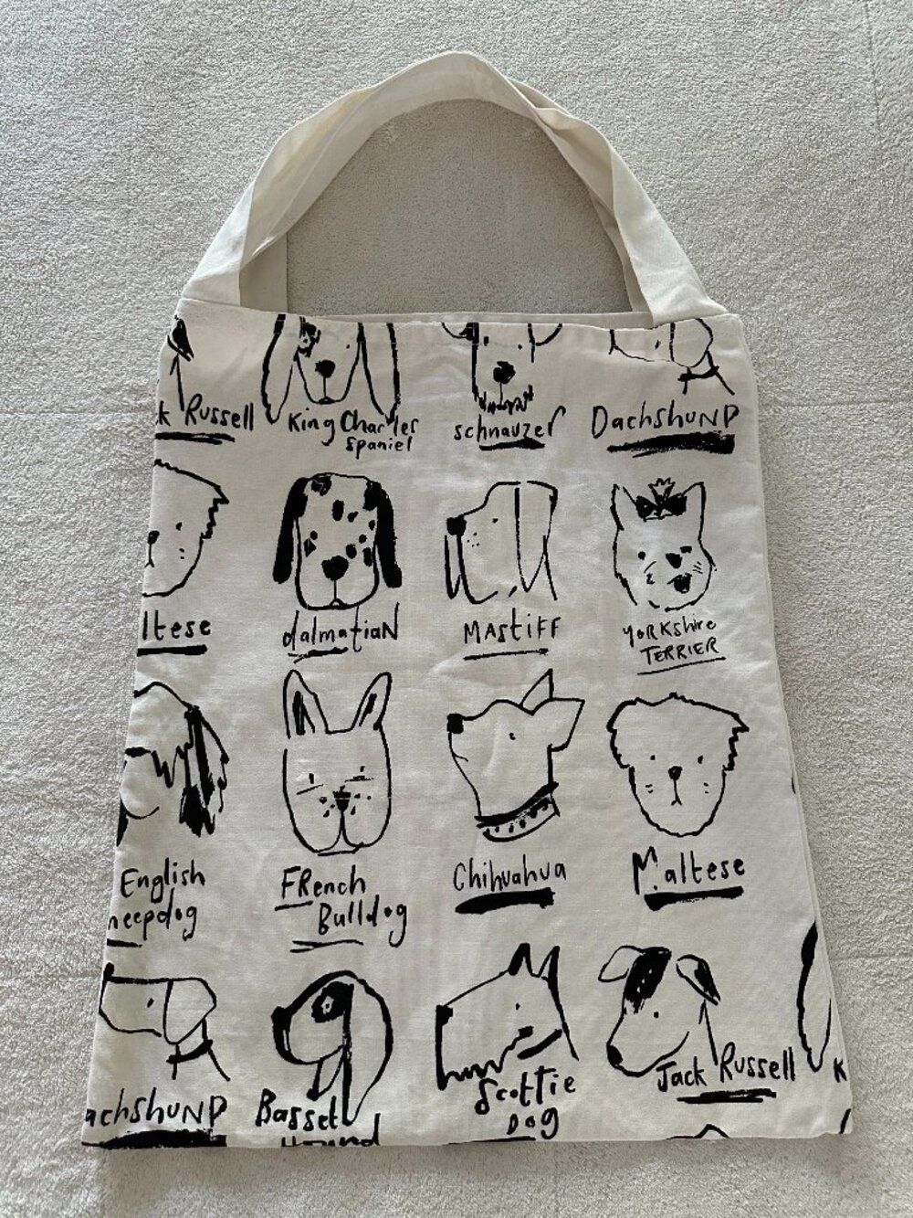 World Market Black & White Illustrated Dog Breeds Canvas Tote Bag 4 sections